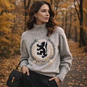 NWT Pringle of Scotland x H&M Gray Lion Crest Turtleneck Sweater Preppy Chic